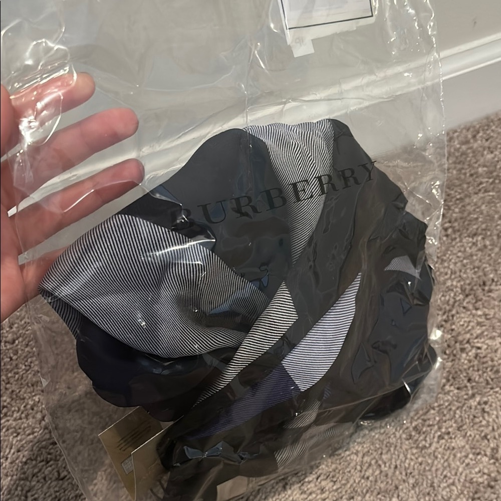 Burberry Navy Blue, White, Light Blue, and Black Satin Scarf - Picture 6 of 6